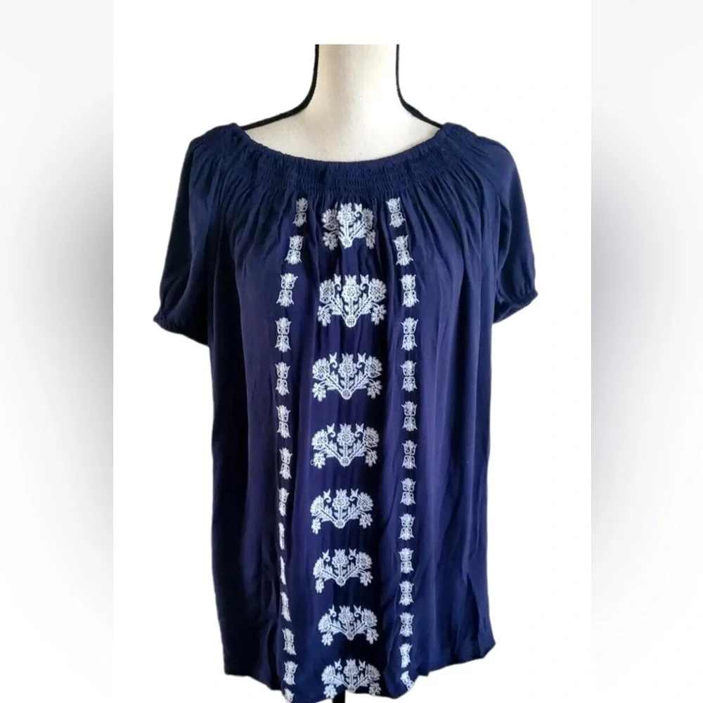 LOFT Dark Blue dress with White Embroidery - Picture 4 of 8